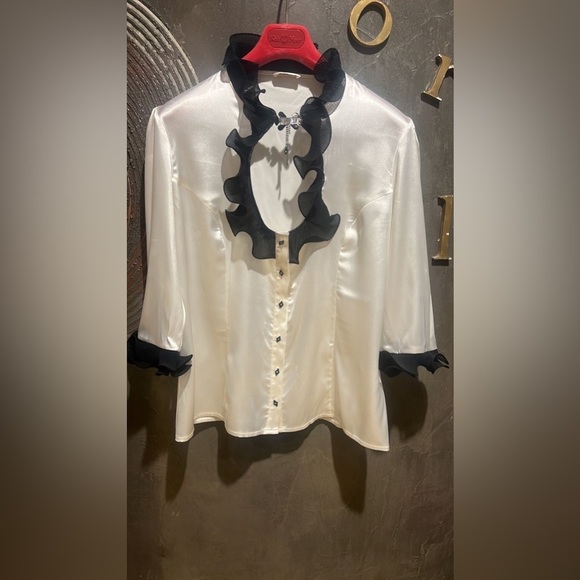 aja Tops - NWOT Vintage Aja Cream Blouse with Black Ruffle Trim